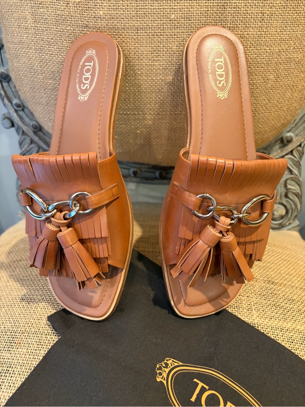 TOD'S Tan Leather Tassel Fringe Slide Mules with branded bag